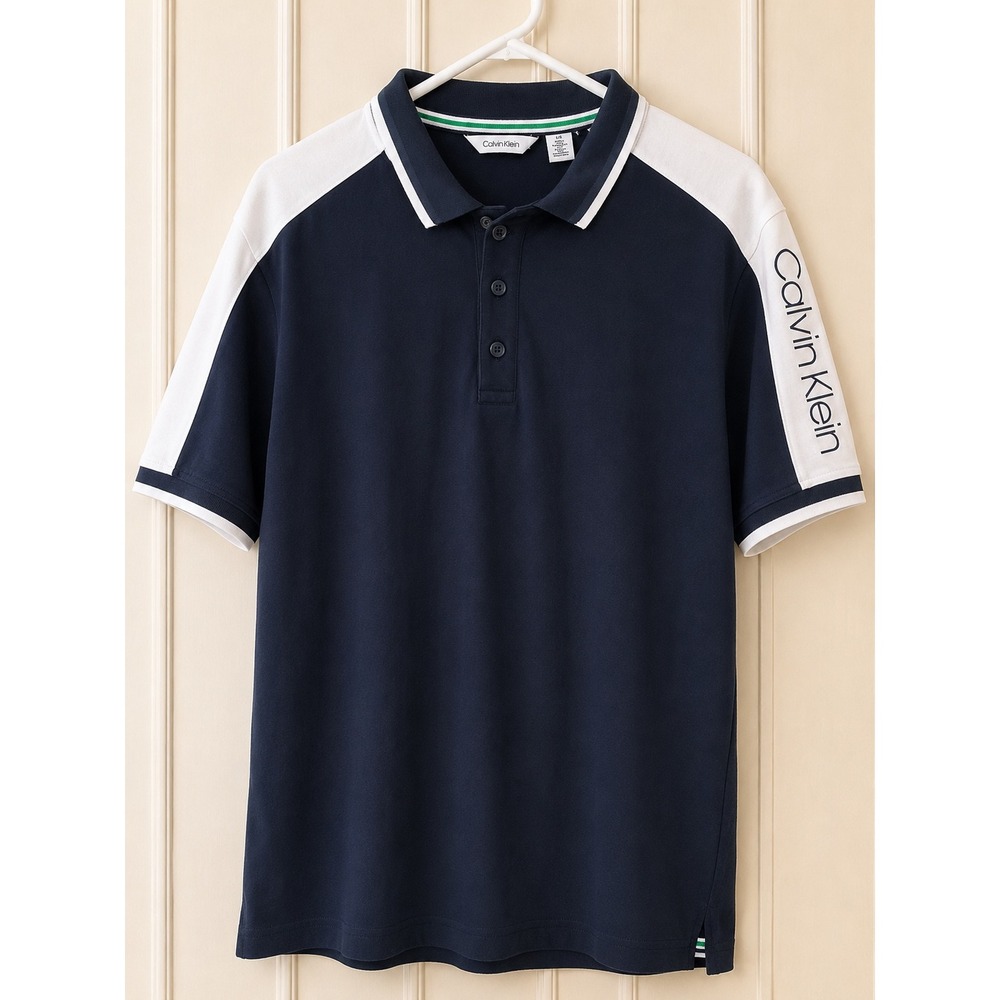 Calvin Klein Mens Navy Blue White Colorblock Logo Sleeve Polo Shirt Large